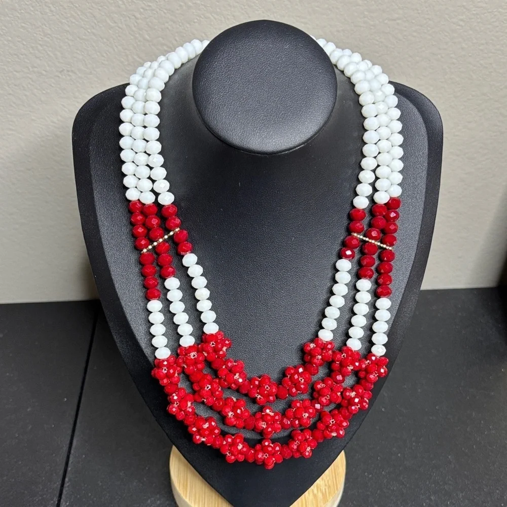 Vintage Faceted Red & White Beaded Statement Necklace